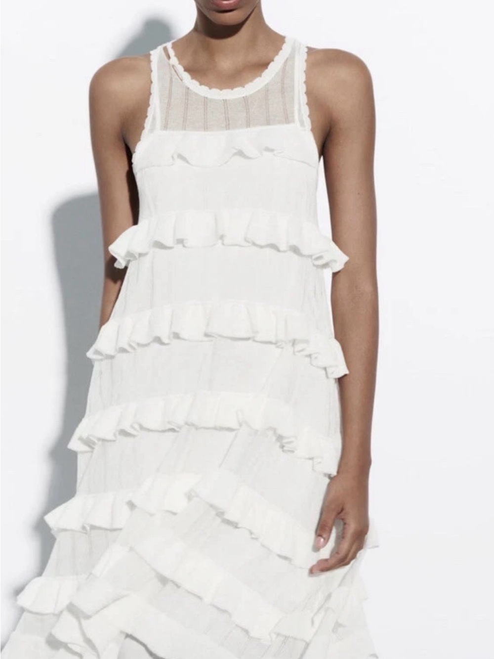 Zara White Ruffle Sheer Tiered Sleeveless Bohemian Dress
